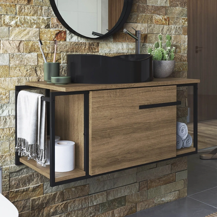 Gabinete Banheiro Suspenso 80cm Cuba Oval Ripy Mel/Preto Z54 - Mpozenato