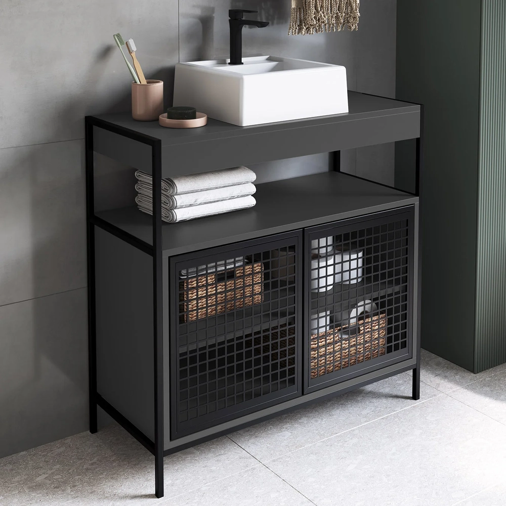 Gabinete de Banheiro 80cm Industrial com Cuba Liny Grafite Z54 - Mpozenato