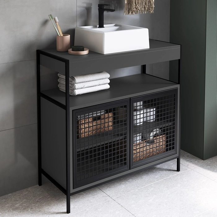 Gabinete de Banheiro 80cm Industrial com Cuba Liny Grafite Z54 - Mpozenato