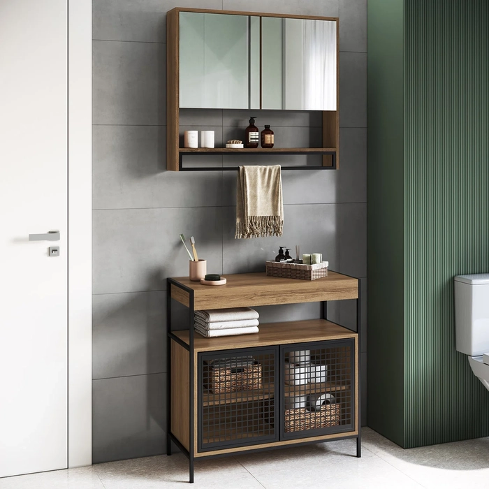 Gabinete de Banheiro Liny 80cm e Espelheira Moscow Mel Z54  - Mpozenato