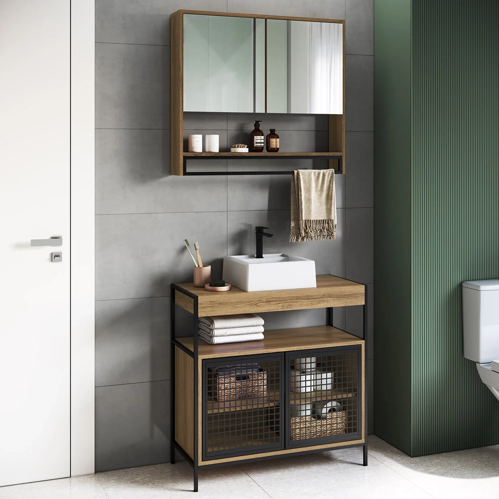 Gabinete Banheiro Liny Com Cuba e Espelheira Moscow Mel Z54 - Mpozenato