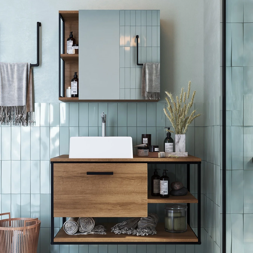 Gabinete Banheiro Yuri Com Cuba e Espelheira Click Mel Z54  - Mpozenato