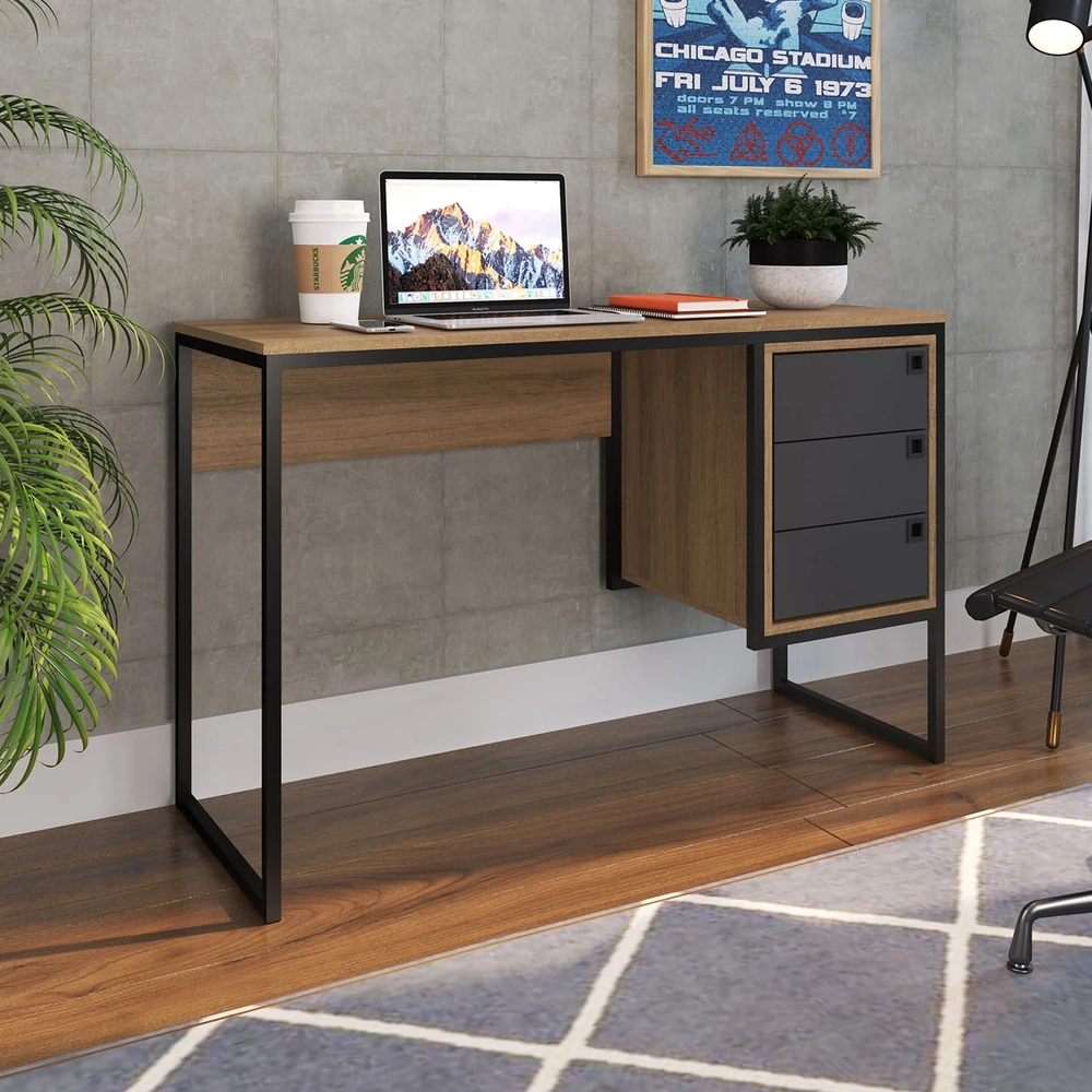 Mesa Escrivaninha Industrial 120cm 3 Gavetas Noa Grafite/Mel Z54 - Mpozenato