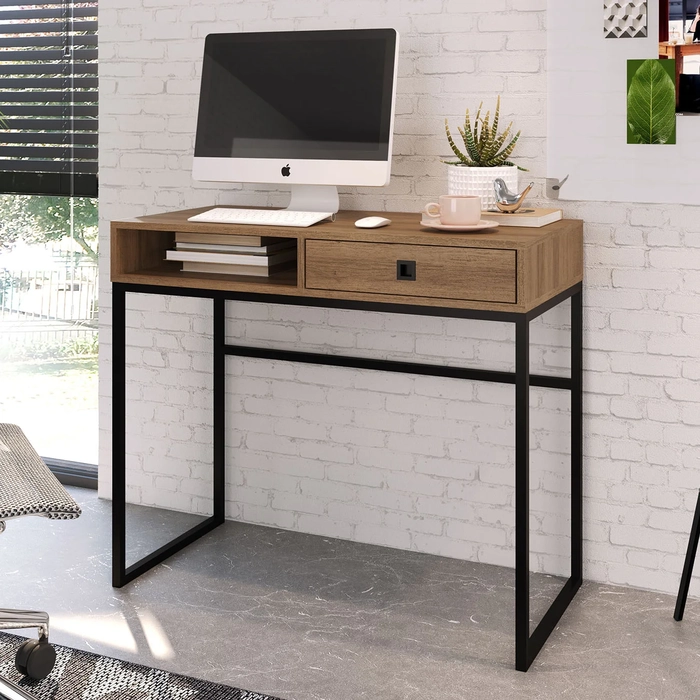 Mesa Escrivaninha Industrial 90cm 1 Gaveta Ivis Mel Z54     - Mpozenato