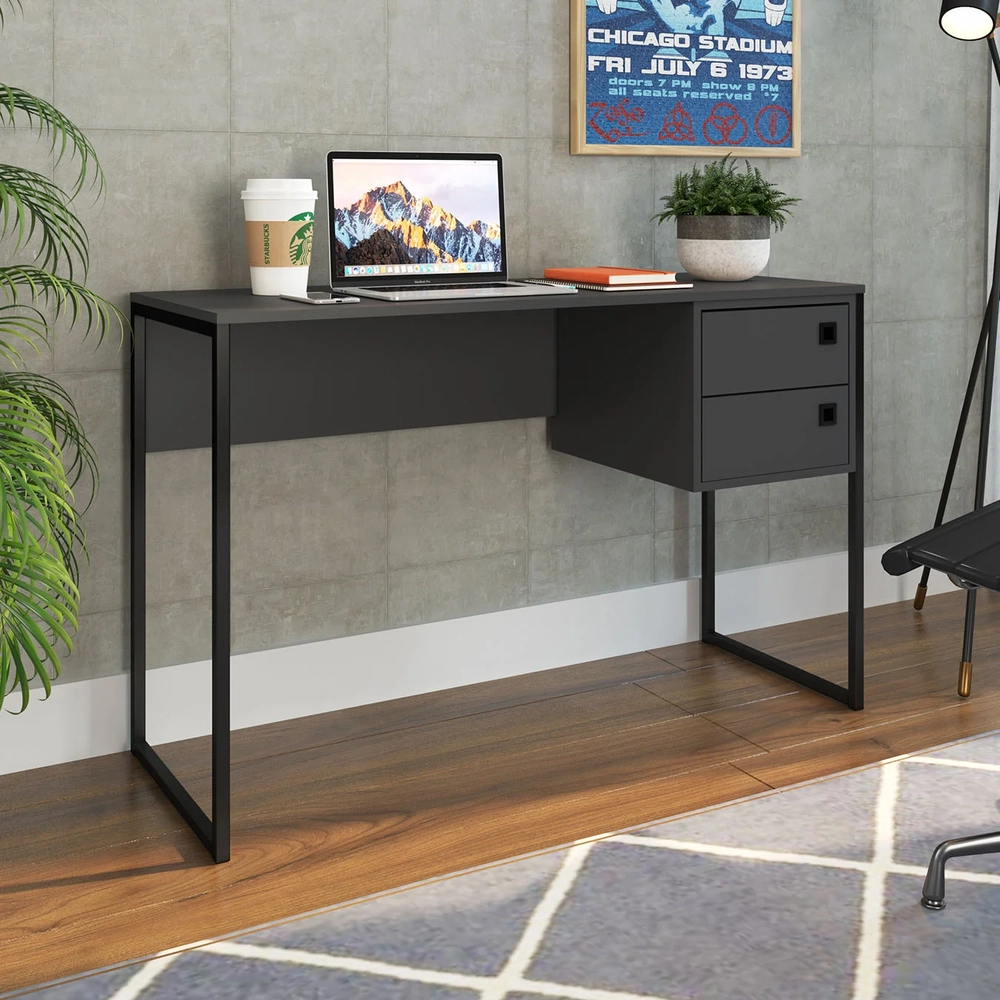 Mesa Escrivaninha Industrial 120cm 2 Gavetas Nubia Grafite Z54 - Mpozenato