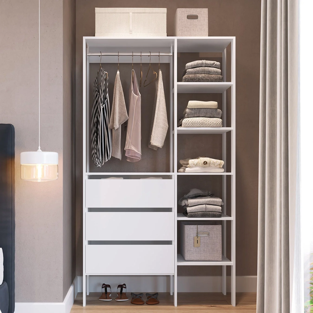 Guarda Roupa Closet 100cm com 3 Gavetas Lizze Branco Z54 - Mpozenato