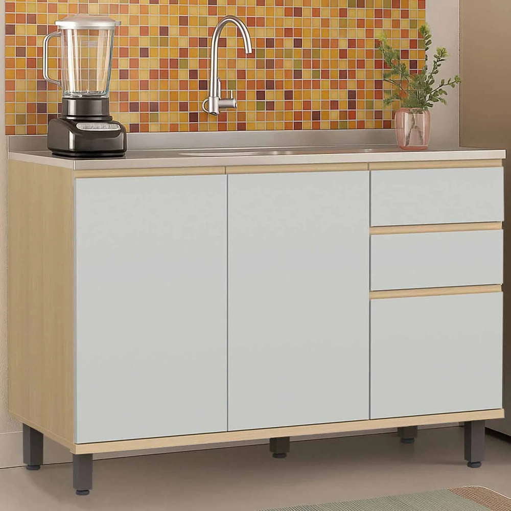 Balcão de Cozinha Com Pia Inox 120cm Pierre Carvalho/Cinza L01 - Mpozenato