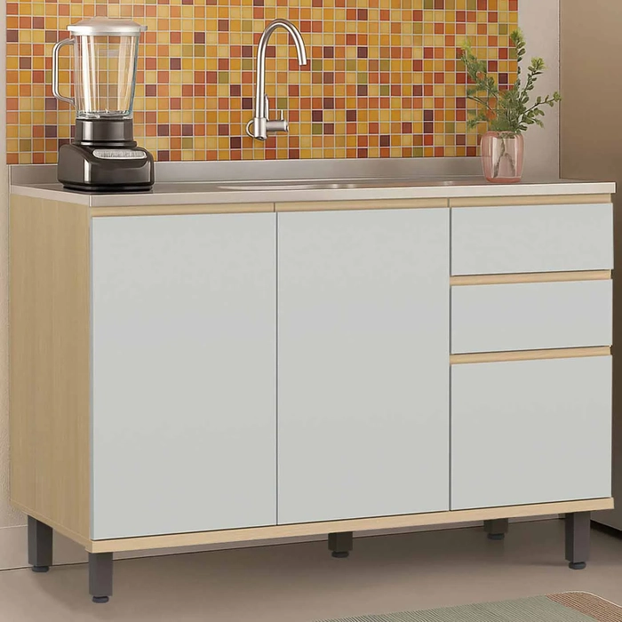 Balcão de Cozinha Com Pia Inox 120cm Pierre Carvalho/Cinza L01 - Mpozenato