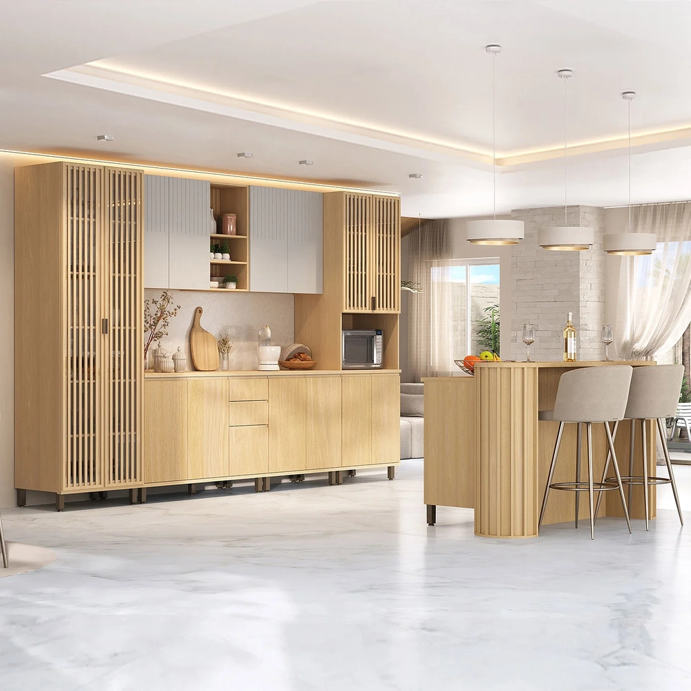 Armário de Cozinha 8 Peças CP01 Com Ilha Pierre Carvalho/Cinza L01 - Mpozenato