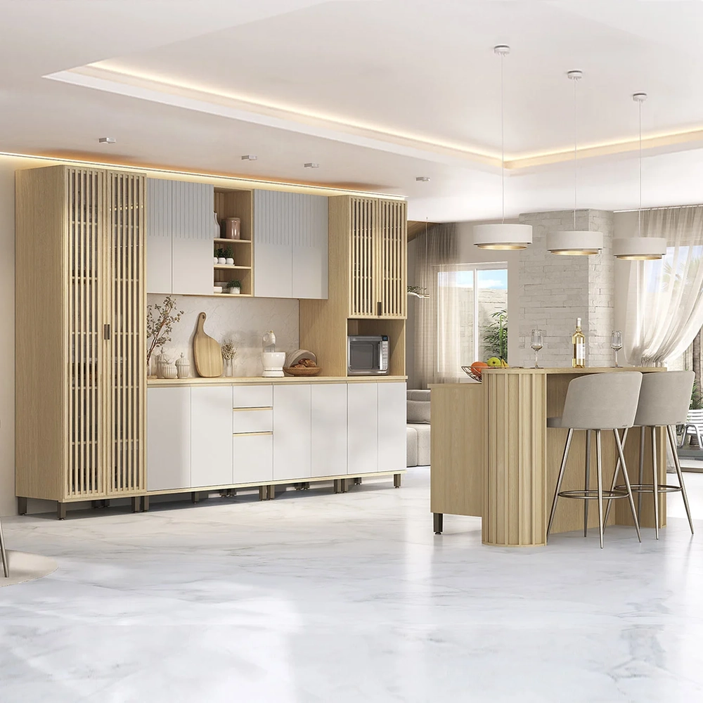 Armário de Cozinha 8 Peças CP02 Com Ilha Pierre Carvalho/Cinza L01 - Mpozenato