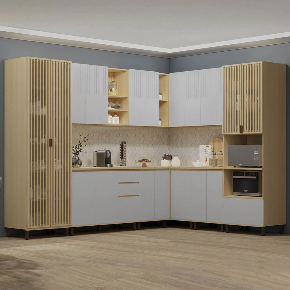 Armário de Cozinha 10 Peças CP03 e Tampo Pierre Carvalho/Cinza L01 - Mpozenato