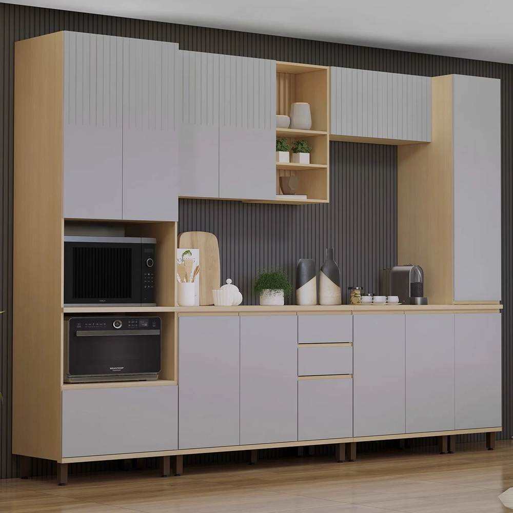 Armário de Cozinha 6 Peças CP04 e Tampo Pierre Carvalho/Cinza L01 - Mpozenato