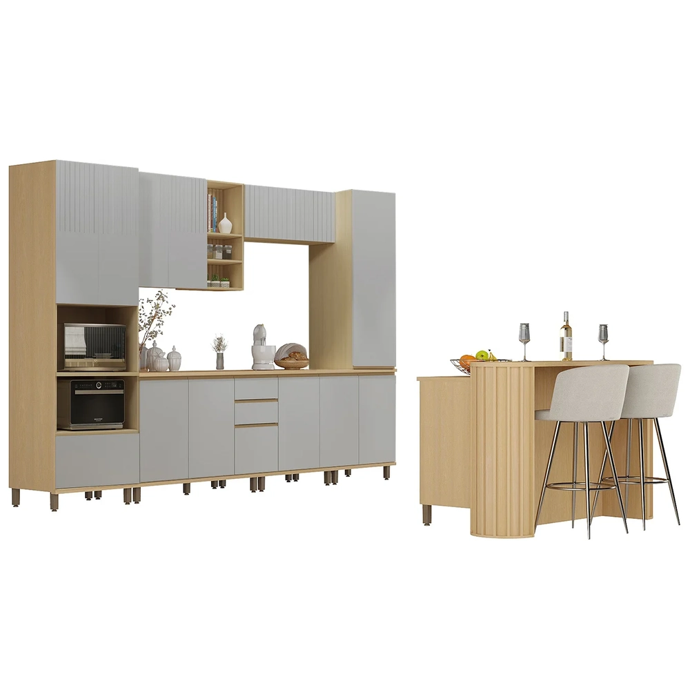 Armário de Cozinha 8 Peças CP04 Com Ilha Pierre Carvalho/Cinza L01 - Mpozenato