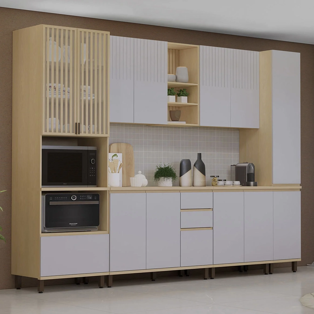 Armário de Cozinha 6 Peças CP05 e Tampo Pierre Carvalho/Cinza L01 - Mpozenato