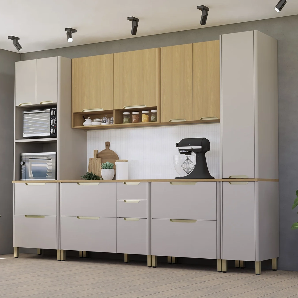 Armário Cozinha 6 Peças CP02 e Tampo Marina Cinammon/Freijó L01 - Mpozenato