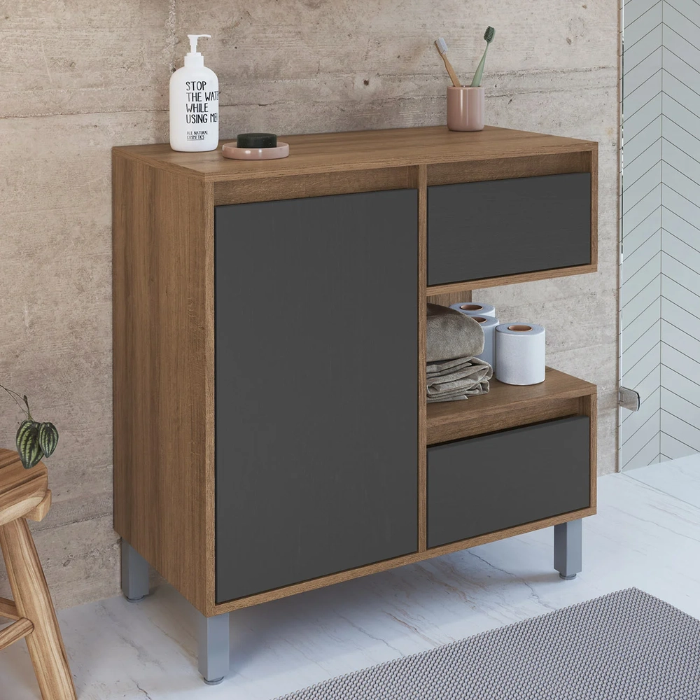 Gabinete de Banheiro 80cm Para Cuba 1 Porta Clari Mel/Grafite F10 - Mpozenato