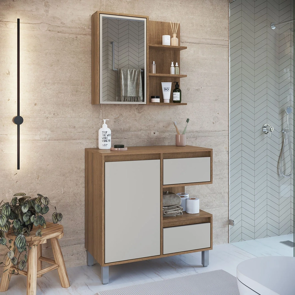 Gabinete Banheiro 80cm e Espelheira 70cm Clari Mel/Arenas F10 - Mpozenato