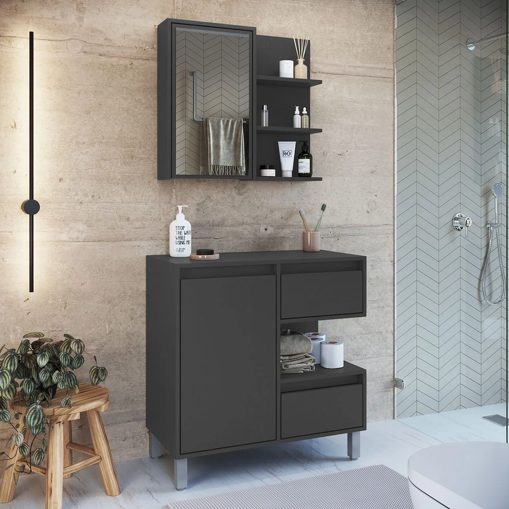 Gabinete Banheiro 80cm e Espelheira 70cm Clari Grafite F10  - Mpozenato