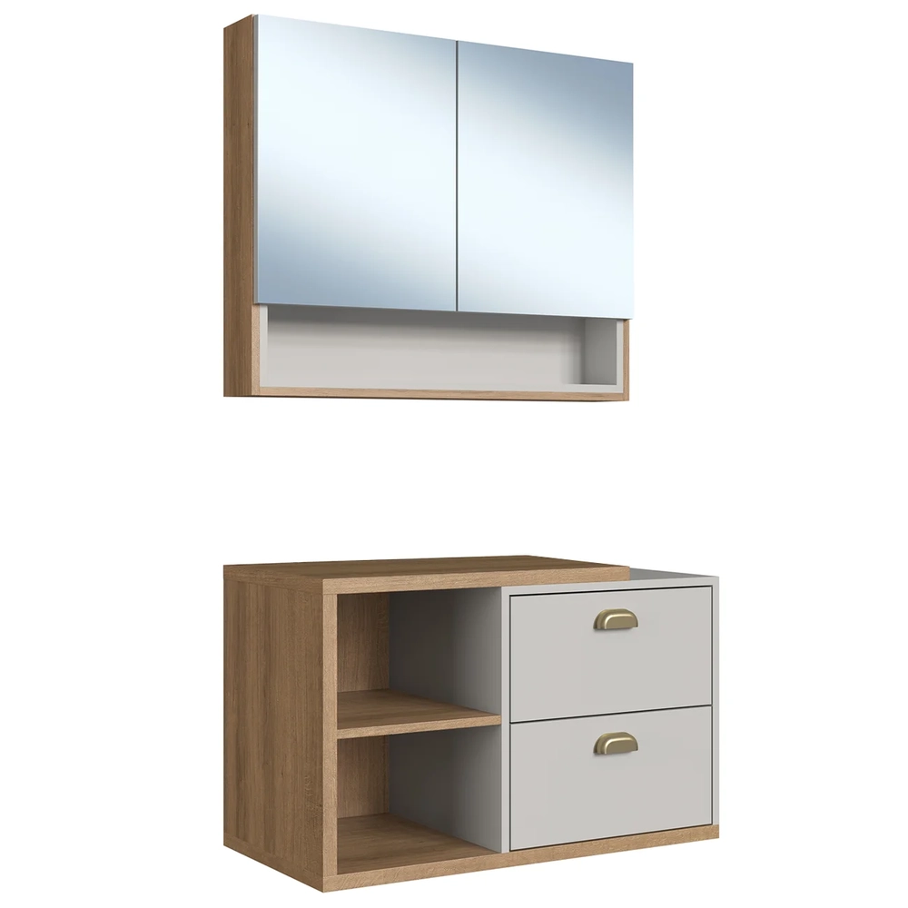 Gabinete Banheiro 80cm 2 Gavetas e Espelheira Fael Mel/Arenas F10 - Mpozenato