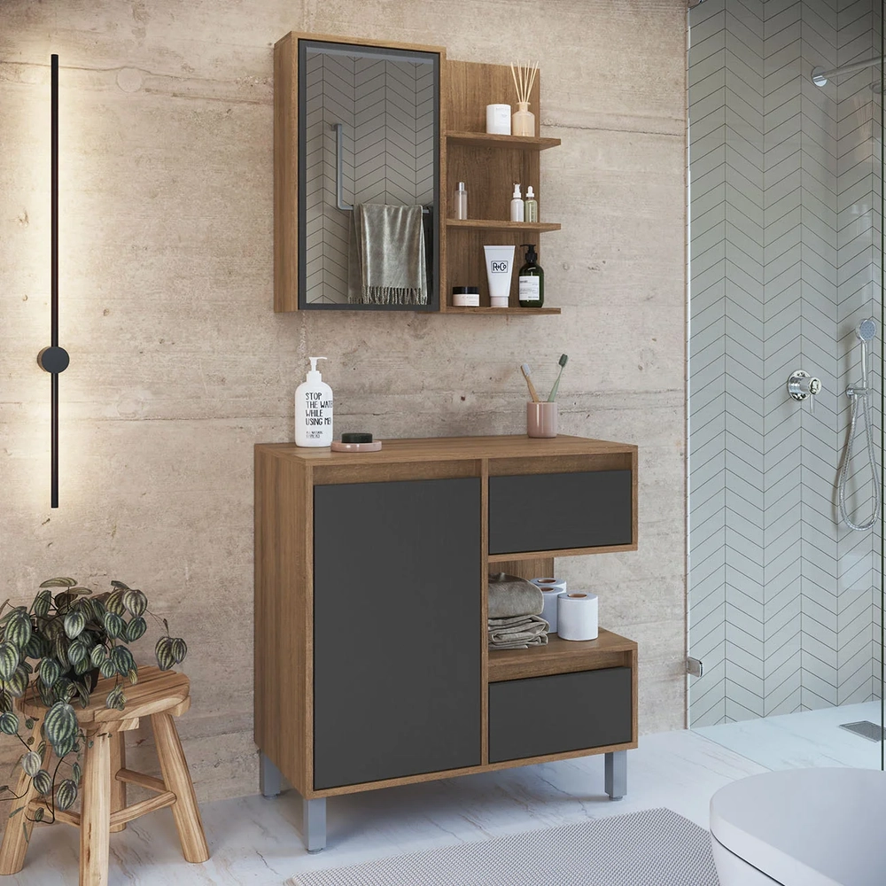 Gabinete Banheiro 80cm e Espelheira 70cm Clari Mel/Grafite F10 - Mpozenato