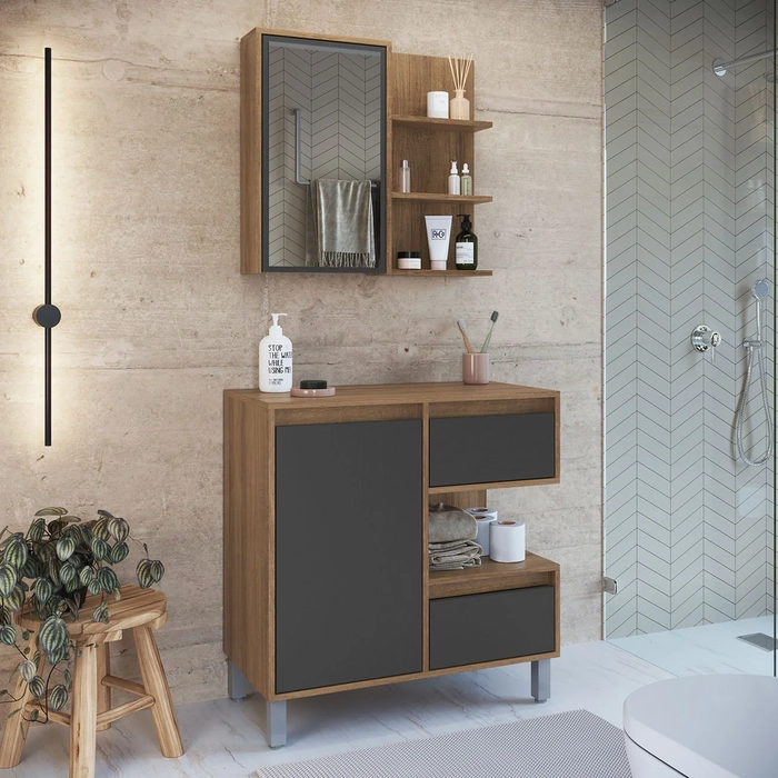 Gabinete Banheiro 80cm e Espelheira 70cm Clari Mel/Grafite F10 - Mpozenato