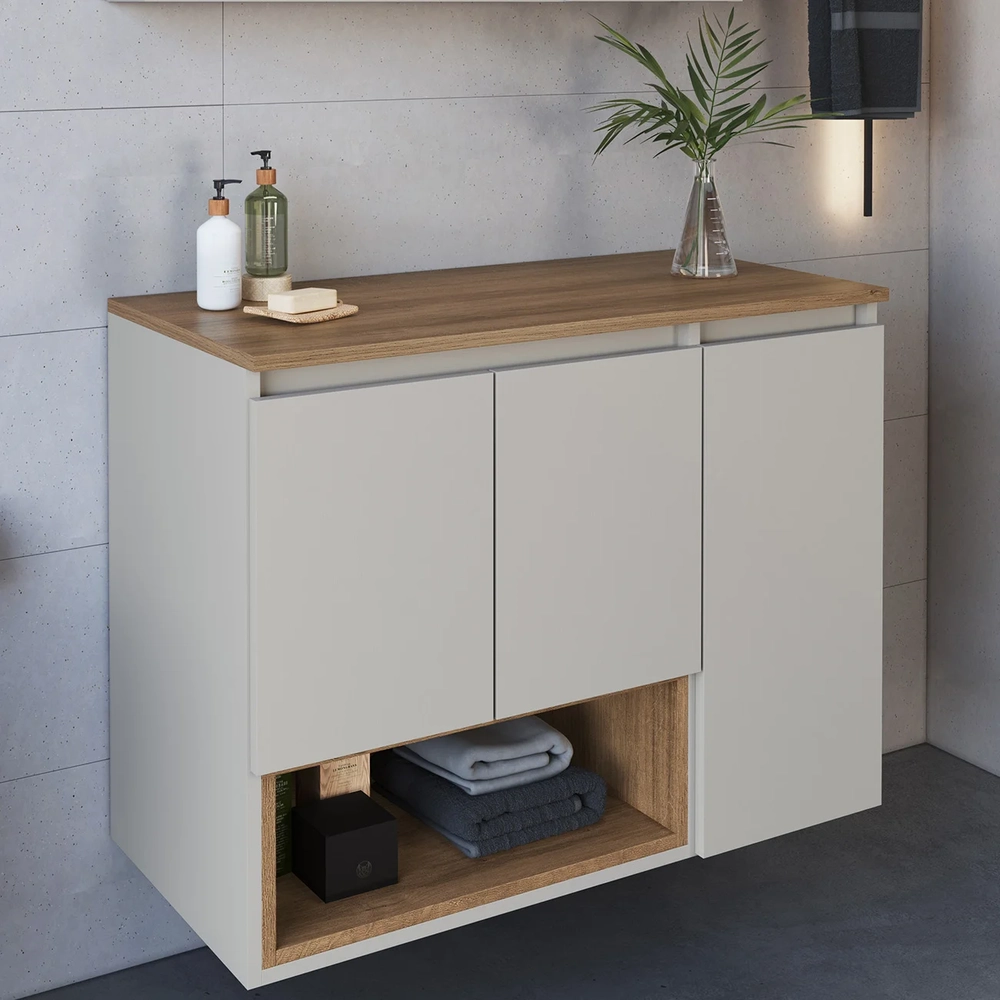 Gabinete de Banheiro 80cm Para Cuba 3 Portas Taos Mel/Arenas F10 - Mpozenato