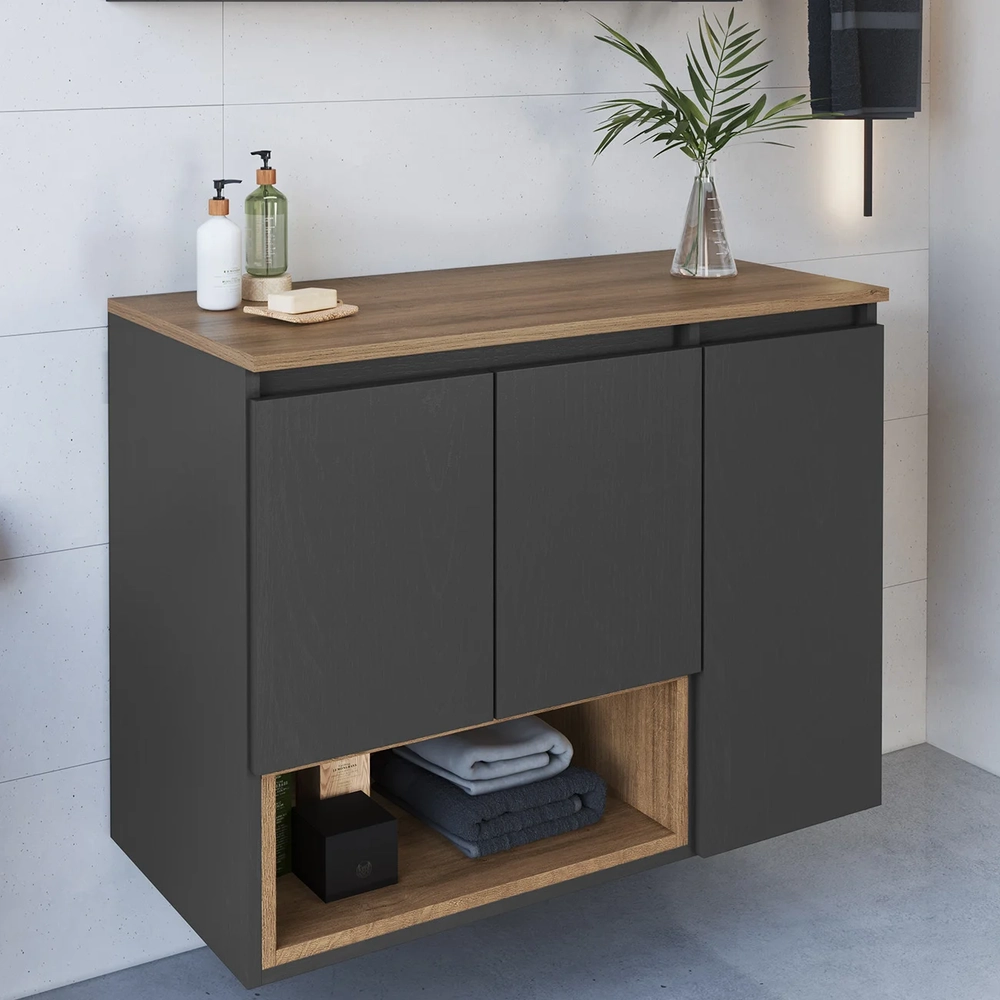 Gabinete de Banheiro 80cm Para Cuba 3 Portas Taos Mel/Grafite F10 - Mpozenato