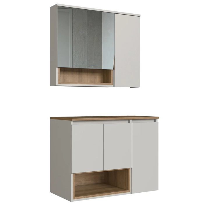 Gabinete Banheiro 80cm 3 Portas e Espelheira Taos Mel/Arenas F10 - Mpozenato