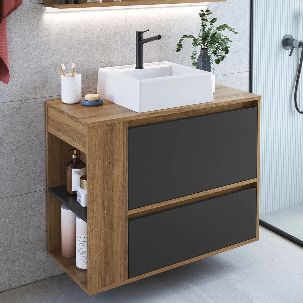 Gabinete de Banheiro 79cm com Cuba 1 Porta Zeus Mel/Grafite F10  - Mpozenato