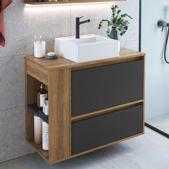 Gabinete de Banheiro 79cm com Cuba 1 Porta Zeus Mel/Grafite F10  - Mpozenato