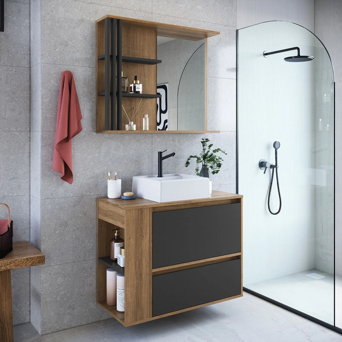 Gabinete Banheiro com Cuba e Espelheira Zeus Mel/Grafite F10 - Mpozenato