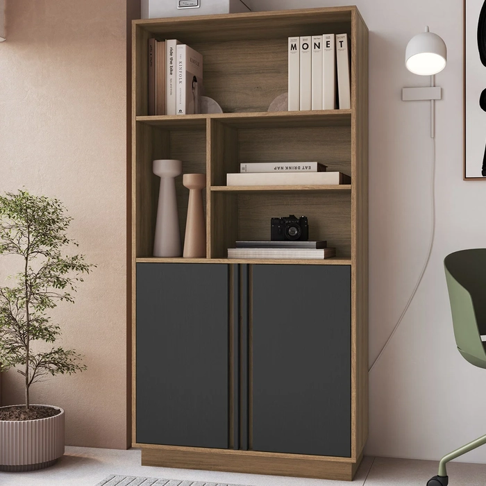 Estante Para Escritório 80cm 2 Portas Rael Mel/Grafite F10  - Mpozenato