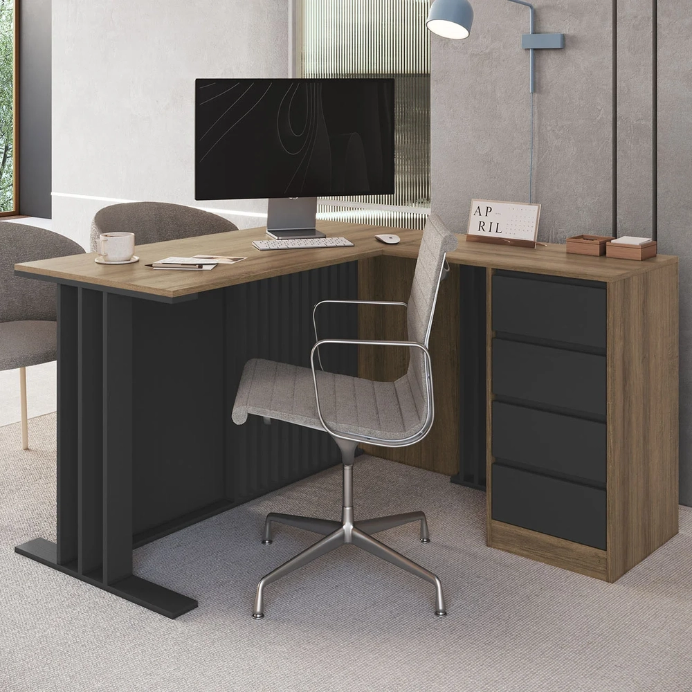 Escrivaninha em L 120cm 4 Gavetas Rael Mel/Grafite F10      - Mpozenato