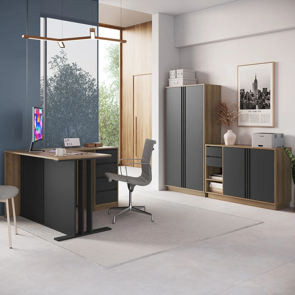 Escrivaninha em L Armário e Balcão Rael Mel/Grafite F10     - Mpozenato