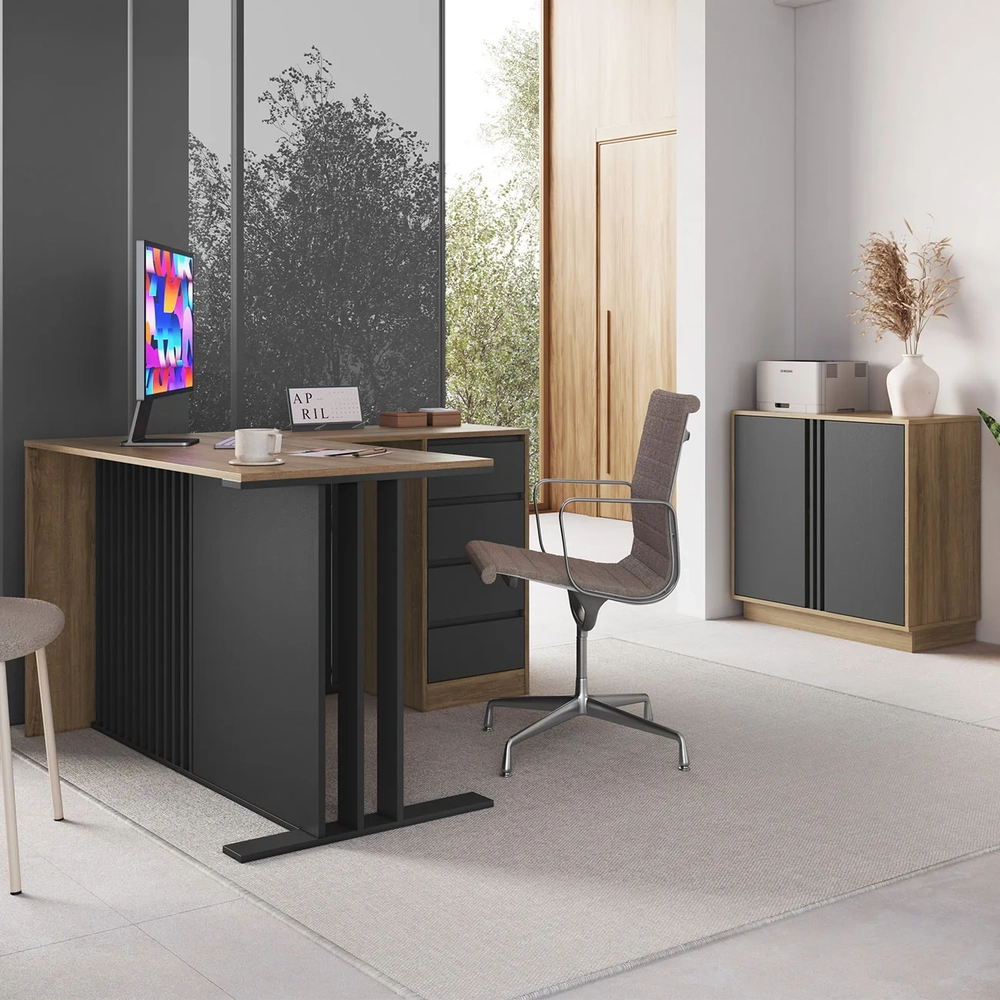 Escrivaninha em L e Balcão 2 Portas Rael Mel/Grafite F10 - Mpozenato