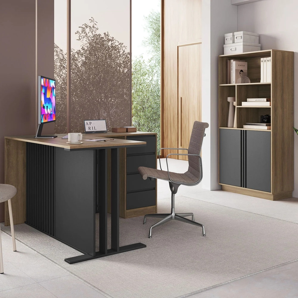 Escrivaninha em L e Estante 2 Portas Rael Mel/Grafite F10   - Mpozenato