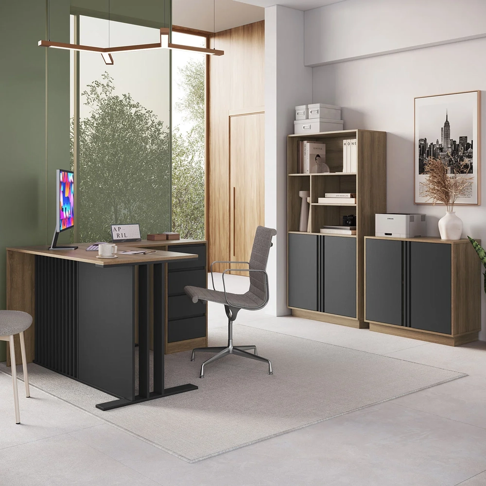 Escrivaninha em L Estante e Balcão Rael Mel/Grafite F10     - Mpozenato