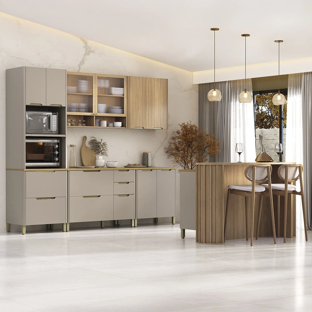 Armário Cozinha 6 Peças CP01 e Ilha Marina Cinammon/Freijó L01 - Mpozenato