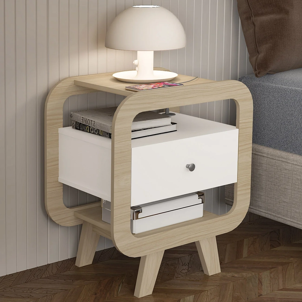 Mesa de Canto Lateral 55cm Para Quarto Nora Naturale/Branco A09 - Mpozenato