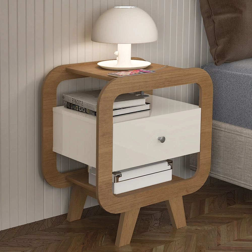 Mesa de Canto Lateral 55cm Para Quarto Nora Off/Pinho A09   - Mpozenato