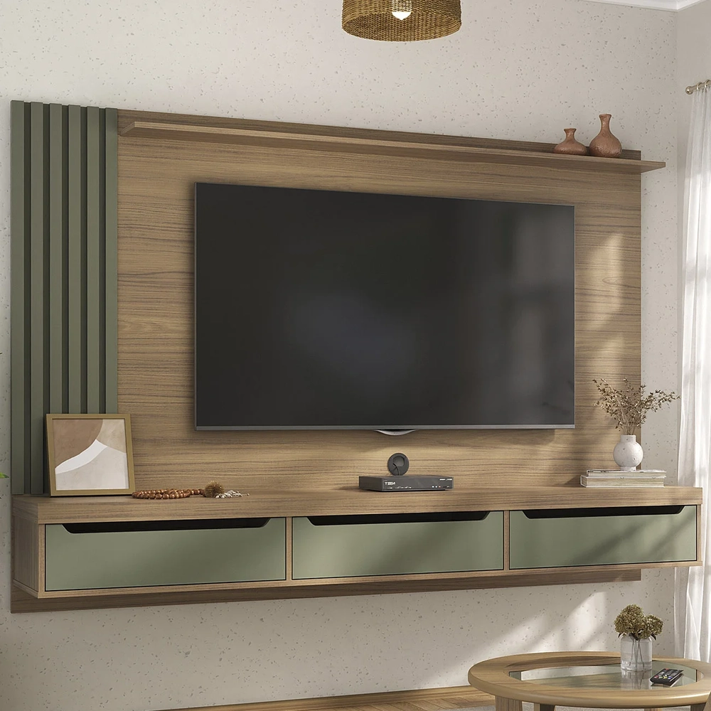 Painel Tv 75 Pol e Bancada Suspensa Vale Carvalho/Menta A09 - Mpozenato 