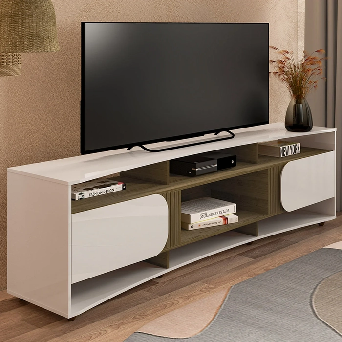 Rack Tv 86 Pol 220cm com 2 Portas Reno Off White/Pinho A09 - Mpozenato 