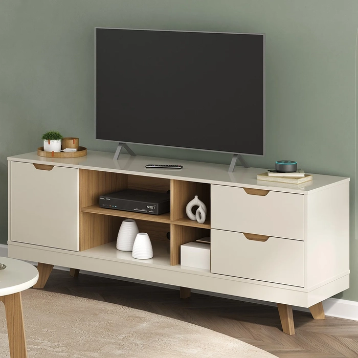 Rack Tv 65 Pol 160cm com 1 Porta Jaina Off White/Carvalho A09 - Mpozenato 