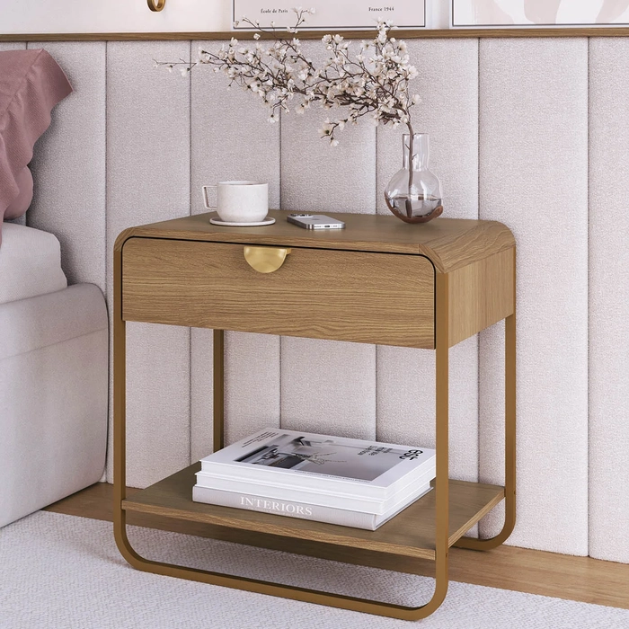 Mesa de Cabeceira Quarto 60cm 1 Gaveta Mario Hanover/Dourado A10 - Mpozenato