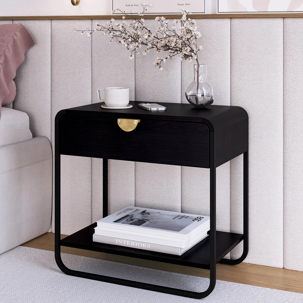 Mesa de Cabeceira Quarto 60cm 1 Gaveta Mario Nero/Preto A10 - Mpozenato