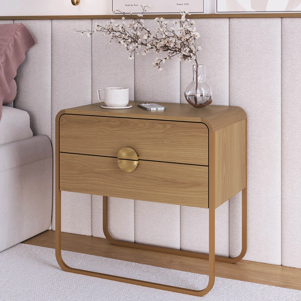 Mesa de Cabeceira Quarto 60cm 2 Gavetas Mario Hanover/Dourado A10 - Mpozenato