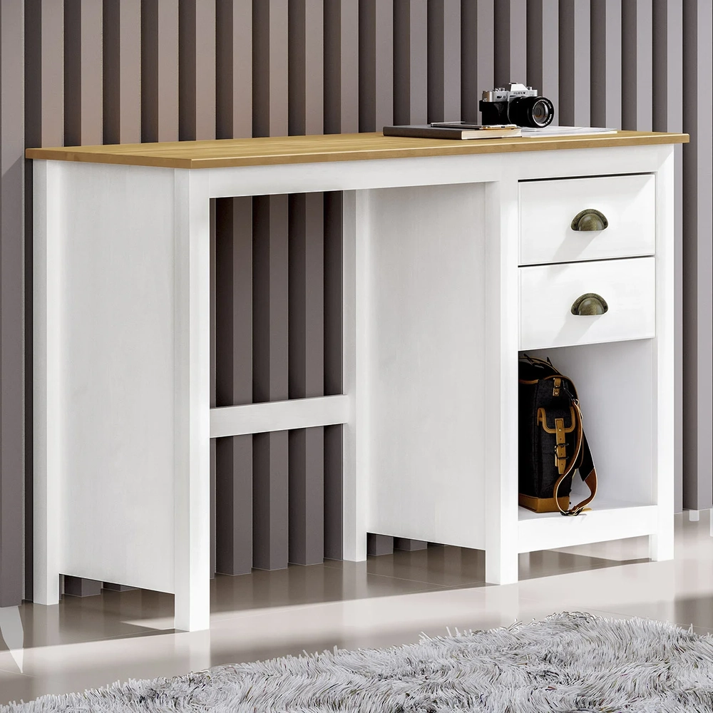 Escrivaninha 110cm 2 Gavetas Home Office Lázio Branco/Freijó F07 - Mpozenato