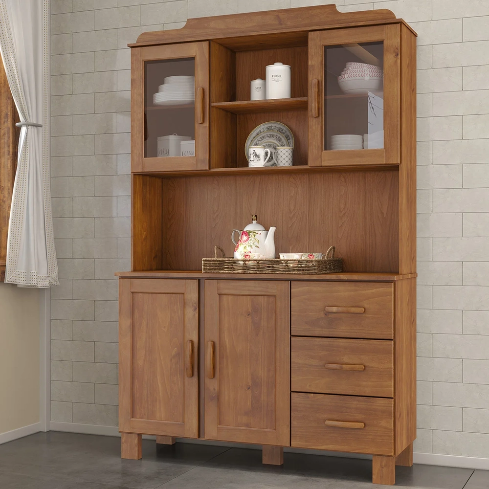 Armário de Cozinha Cristaleira 123cm 3 Gavetas Giana Castanho F07 - Mpozenato