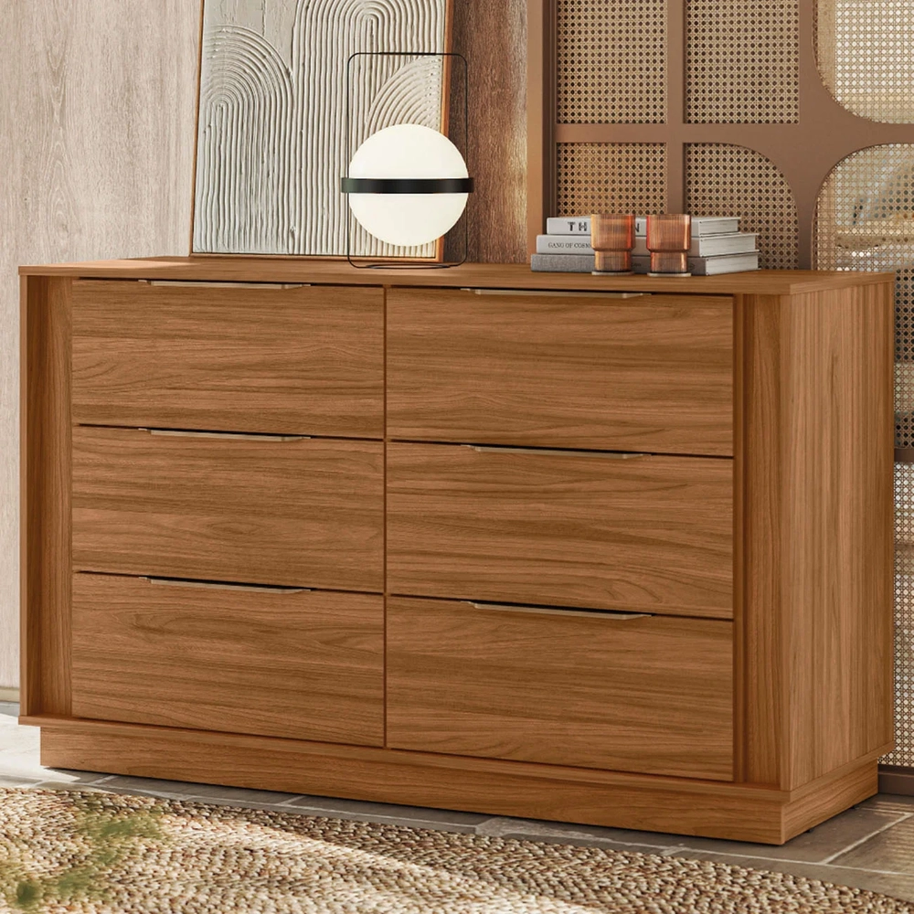 Cômoda Quarto 130cm Casal com 6 Gavetas Dino Nogueira D02   - Mpozenato