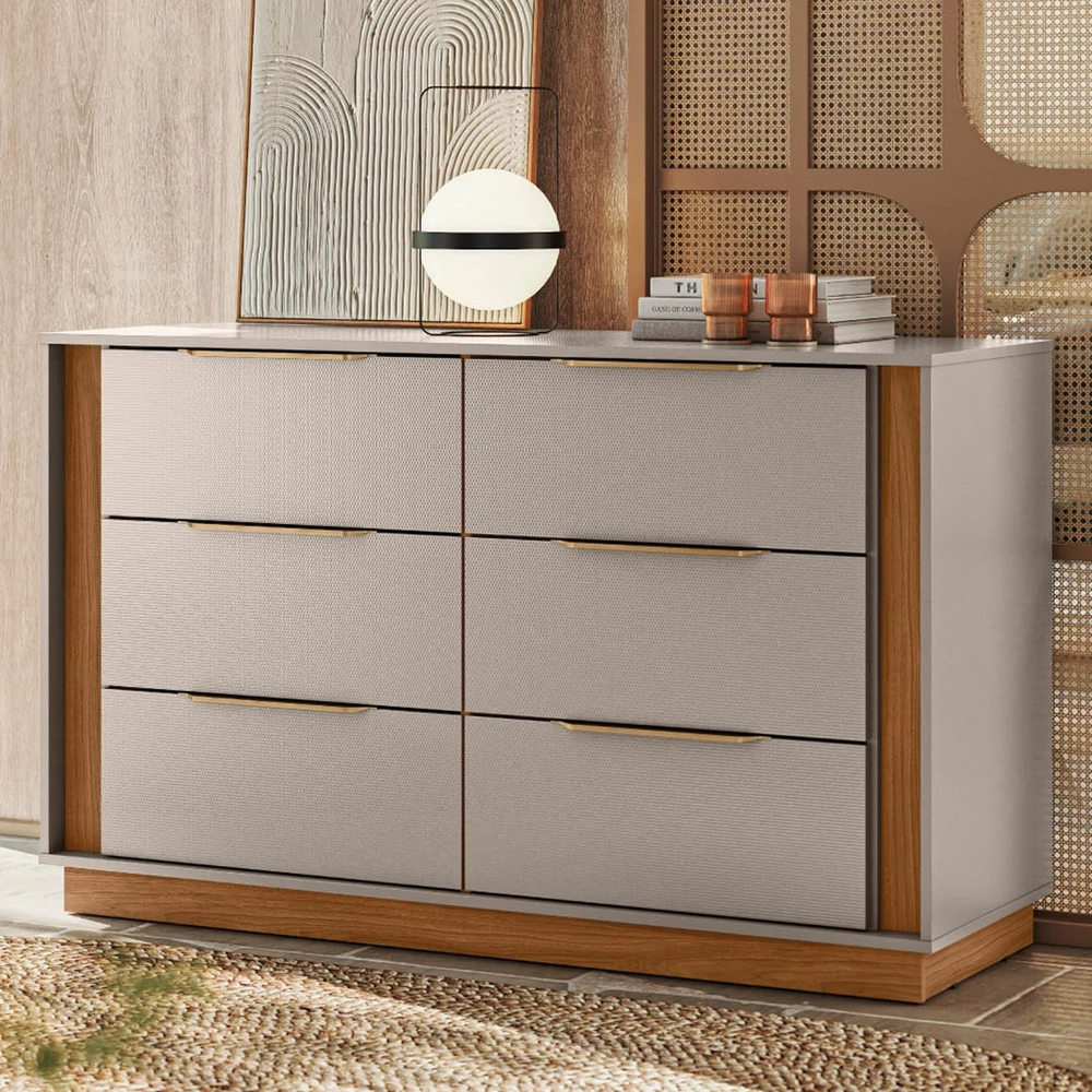 Cômoda Quarto 130cm Casal com 6 Gavetas Dino Nogueira/Nude D02 - Mpozenato